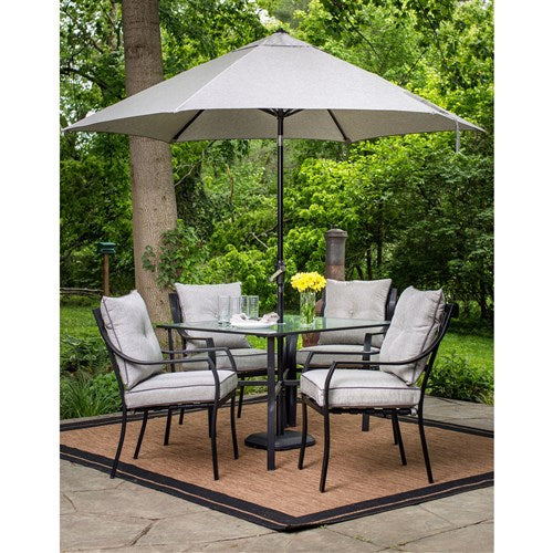 Hanover - 5pc Dining Set: 4 Chairs, 1 Square Table, 1 Umbrella, 1 Base - Gray/Silver Linings-United Backyard