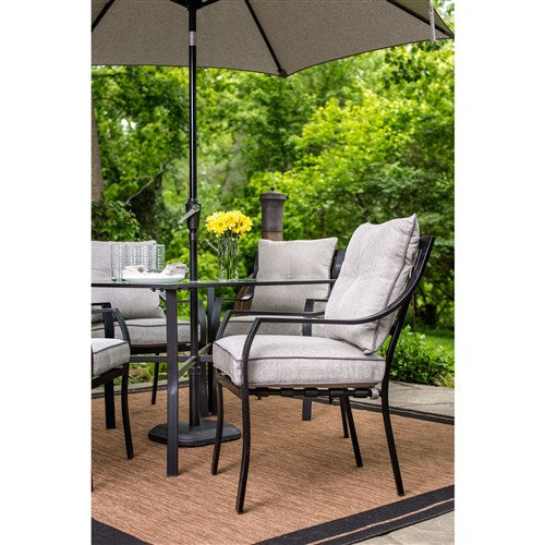 Hanover - 5pc Dining Set: 4 Chairs, 1 Square Table, 1 Umbrella, 1 Base - Gray/Silver Linings-United Backyard