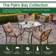 Hanover - 5pc Dining Set: 4 steel dining chairs w/cushions, 38" square glass table - Steel/Tan-United Backyard