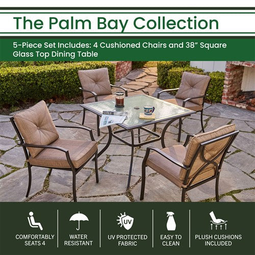 Hanover - 5pc Dining Set: 4 steel dining chairs w/cushions, 38" square glass table - Steel/Tan-United Backyard