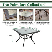 Hanover - 5pc Dining Set: 4 steel dining chairs w/cushions, 38" square glass table - Steel/Tan-United Backyard