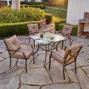 Hanover - 5pc Dining Set: 4 steel dining chairs w/cushions, 38" square glass table - Steel/Tan-United Backyard