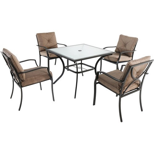 Hanover - 5pc Dining Set: 4 steel dining chairs w/cushions, 38" square glass table - Steel/Tan-United Backyard