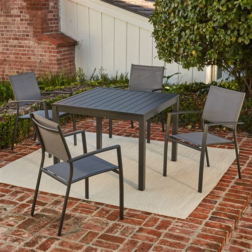 Hanover - 5pc Dining set: 4 alum sling dining chairs, Square slat top dining table - Gray/Aluminium-United Backyard