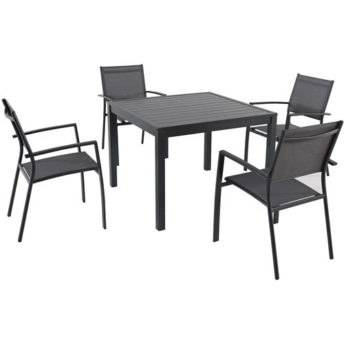 Hanover - 5pc Dining set: 4 alum sling dining chairs, Square slat top dining table - Gray/Aluminium-United Backyard