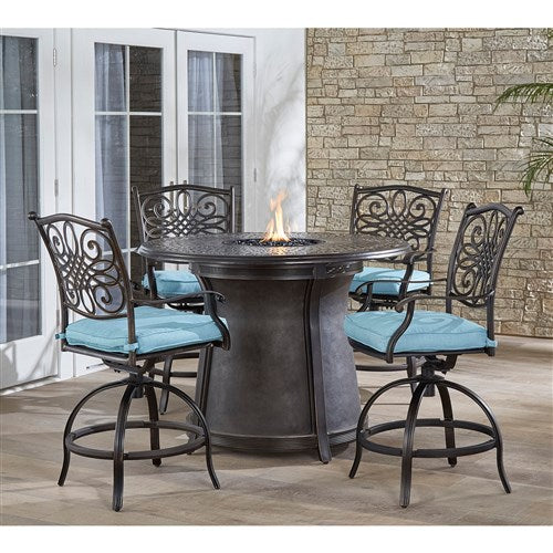 Hanover - 5pc High Fire Pit Set: 4 Swivel Chairs, 48" Round Cast Top Fire Pit Table - Alumicast/Blue-United Backyard