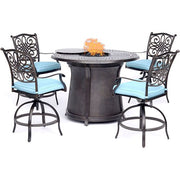 Hanover - 5pc High Fire Pit Set: 4 Swivel Chairs, 48" Round Cast Top Fire Pit Table - Alumicast/Blue-United Backyard