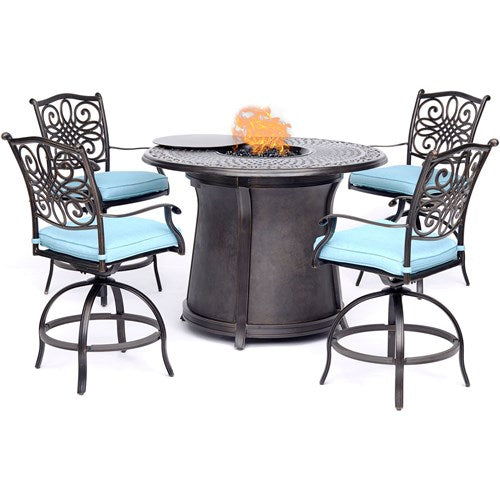 Hanover - 5pc High Fire Pit Set: 4 Swivel Chairs, 48" Round Cast Top Fire Pit Table - Alumicast/Blue-United Backyard