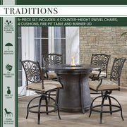 Hanover - 5pc High Fire Pit Set: 4 Swivel Chairs, 48" Round Cast Top Fire Pit Table - Alumicast/Tan-United Backyard
