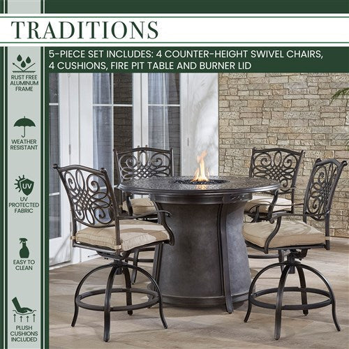 Hanover - 5pc High Fire Pit Set: 4 Swivel Chairs, 48" Round Cast Top Fire Pit Table - Alumicast/Tan-United Backyard