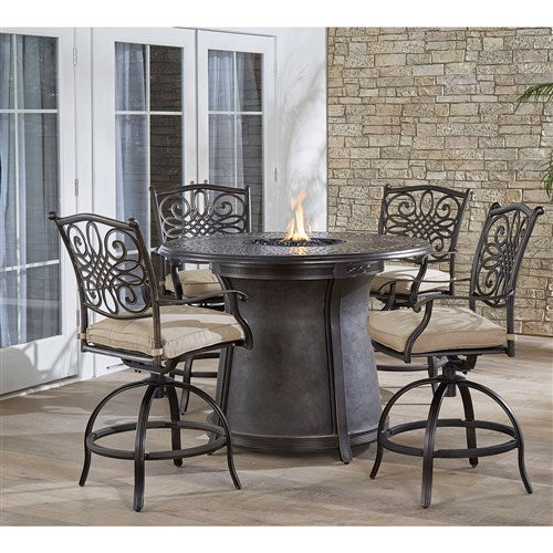 Hanover - 5pc High Fire Pit Set: 4 Swivel Chairs, 48" Round Cast Top Fire Pit Table - Alumicast/Tan-United Backyard