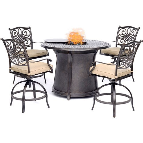 Hanover - 5pc High Fire Pit Set: 4 Swivel Chairs, 48" Round Cast Top Fire Pit Table - Alumicast/Tan-United Backyard