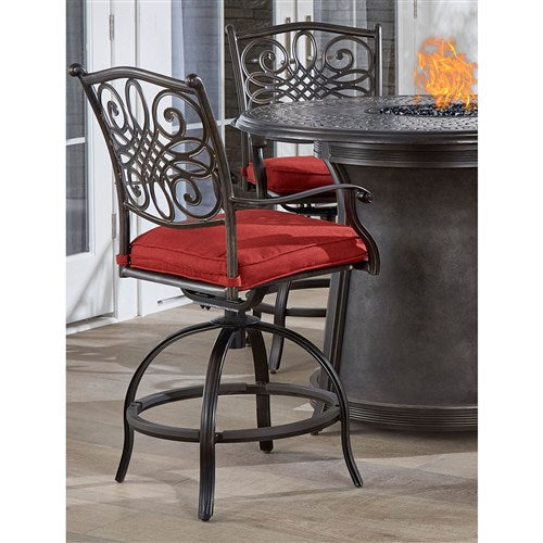 Hanover - 5pc High Fire Pit Set: 4 Swivel Chairs, 48" Round Cast Top Fire Pit Table - Red/Bronze-United Backyard