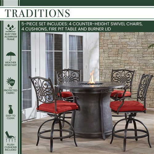 Hanover - 5pc High Fire Pit Set: 4 Swivel Chairs, 48" Round Cast Top Fire Pit Table - Red/Bronze-United Backyard