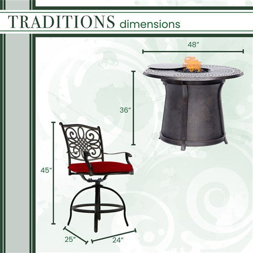 Hanover - 5pc High Fire Pit Set: 4 Swivel Chairs, 48" Round Cast Top Fire Pit Table - Red/Bronze-United Backyard