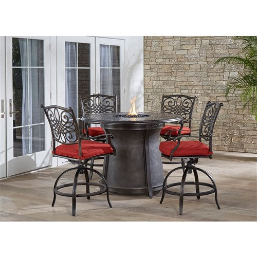 Hanover - 5pc High Fire Pit Set: 4 Swivel Chairs, 48" Round Cast Top Fire Pit Table - Red/Bronze-United Backyard