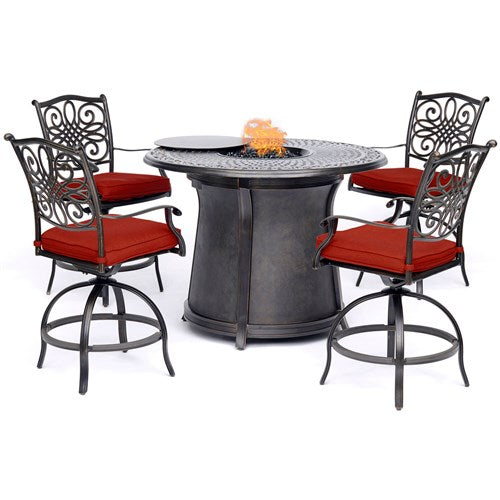 Hanover - 5pc High Fire Pit Set: 4 Swivel Chairs, 48" Round Cast Top Fire Pit Table - Red/Bronze-United Backyard