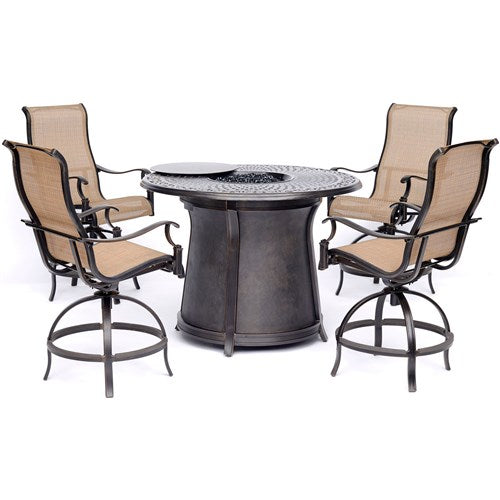 Hanover - 5pc High Fire Pit Set: 4 Swivel Sling Chairs, 48" Round Cast Top Fire Pit Table - Alumicast/Tan-United Backyard