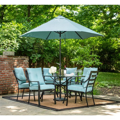 Hanover - 7pc Dining Set: 6 Chairs, 1 Table, 1 Umbrella, 1 Base - Gray/Ocean Blue-United Backyard