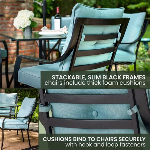 Hanover - 7pc Dining Set: 6 Chairs, 1 Table, 1 Umbrella, 1 Base - Gray/Ocean Blue-United Backyard