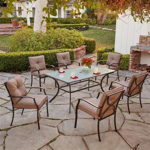 Hanover - 7pc Dining Set: 6 steel dining chairs w/cushions, 60x38" glass table - Steel/Tan-United Backyard