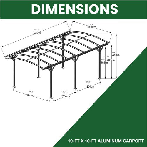 Hanover - Aluminum Arch-Roof Carport 19.3'x10' - Dark Gray-United Backyard