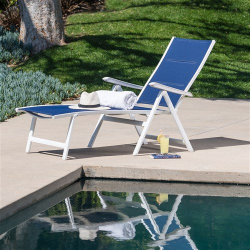 Hanover - Aluminum Sling Folding Chaise Lounge - White/Navy-United Backyard