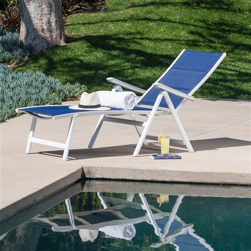 Hanover - Aluminum Sling Folding Chaise Lounge - White/Navy-United Backyard