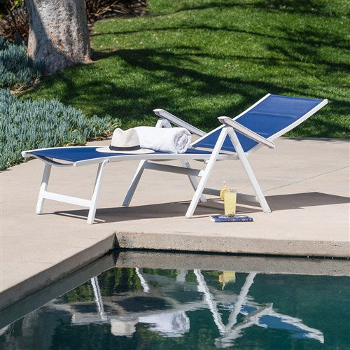 Hanover - Aluminum Sling Folding Chaise Lounge - White/Navy-United Backyard