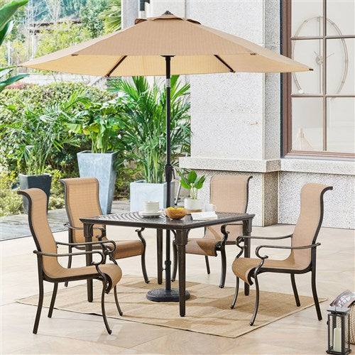 Hanover - Brigantine 5pc: 4 Sling Dining Chairs, 42" Square Cast Table, Umbrella & Base - Tan/Bronze-United Backyard