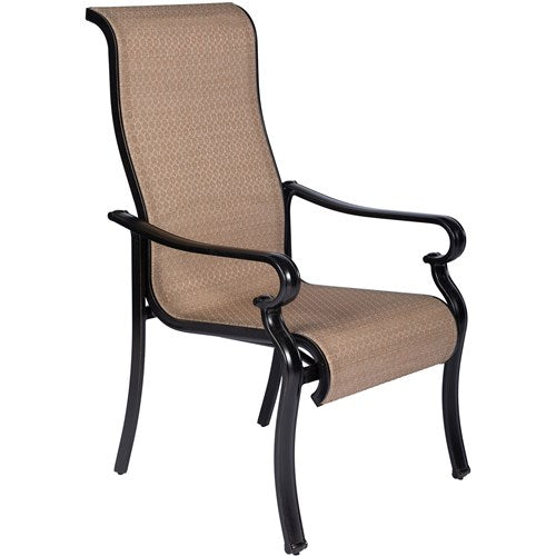 Hanover - Brigantine 5pc: 4 Sling Dining Chairs, 42" Square Cast Table, Umbrella & Base - Tan/Bronze-United Backyard