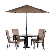 Hanover - Brigantine 5pc: 4 Sling Dining Chairs, 42" Square Cast Table, Umbrella & Base - Tan/Bronze-United Backyard