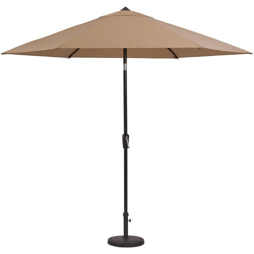 Hanover - Brigantine 5pc: 4 Sling Swivel Chairs, 42" Square Cast Table, Umbrella & Base - Tan/Bronze-United Backyard