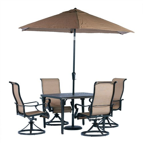 Hanover - Brigantine 5pc: 4 Sling Swivel Chairs, 42" Square Cast Table, Umbrella & Base - Tan/Bronze-United Backyard