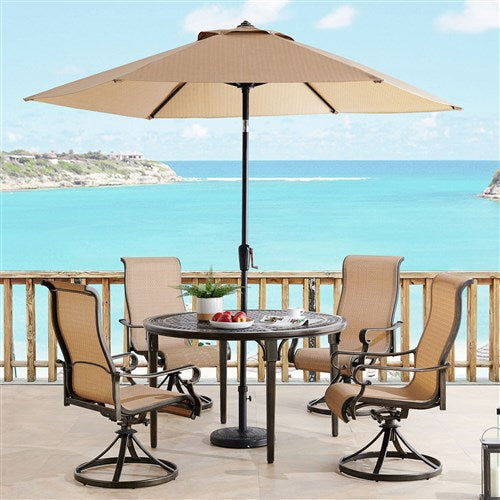 Hanover - Brigantine 5pc: 4 Sling Swivel Chairs, 50" Round Cast Table, Umbrella & Base - Tan/Bronze-United Backyard