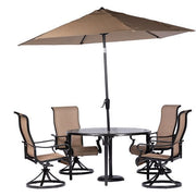 Hanover - Brigantine 5pc: 4 Sling Swivel Chairs, 50" Round Cast Table, Umbrella & Base - Tan/Bronze-United Backyard