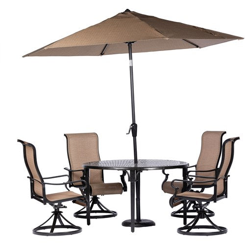 Hanover - Brigantine 5pc: 4 Sling Swivel Chairs, 50" Round Cast Table, Umbrella & Base - Tan/Bronze-United Backyard