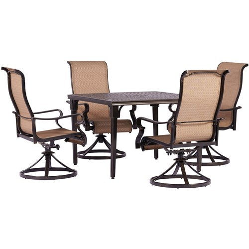 Hanover - Brigantine 5pc: 4 Sling Swivel Chairs and 42" Square Cast Table - Tan/Bronze-United Backyard