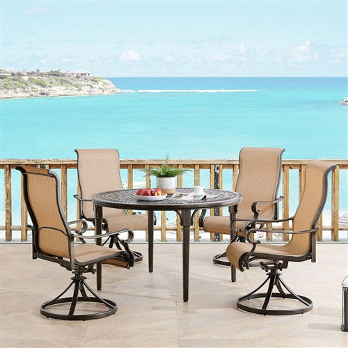 Hanover - Brigantine 5pc: 4 Sling Swivel Chairs and 50" Round Cast Table - Tan/Bronze-United Backyard