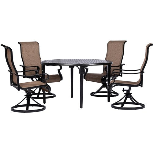Hanover - Brigantine 5pc: 4 Sling Swivel Chairs and 50" Round Cast Table - Tan/Bronze-United Backyard