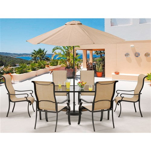 Hanover - Brigantine 7-pc Dining Set: Alum. Glass Table, 6 Chairs, Umbrella, Base - Tan/Cast Aluminum-United Backyard