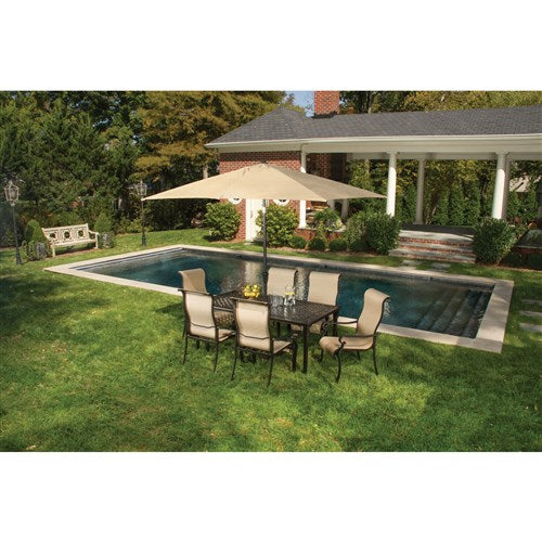 Hanover - Brigantine 7-pc Dining Set: Aluminum Table, 6 Chairs, Umbrella, Base - Tan/Cast Aluminum-United Backyard