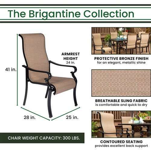 Hanover - Brigantine 7-pc Dining Set: Aluminum Table, 6 Chairs, Umbrella, Base - Tan/Cast Aluminum-United Backyard