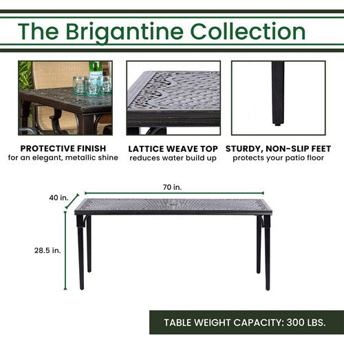 Hanover - Brigantine 7-pc Dining Set: Aluminum Table, 6 Chairs, Umbrella, Base - Tan/Cast Aluminum-United Backyard