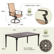 Hanover - Brigantine 7pc: 6 Sling Swivel Rockers, 40x70" Cast Dining Table - Cast/Tan-United Backyard