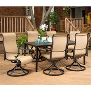 Hanover - Brigantine 7pc: 6 Sling Swivel Rockers, 40x70" Cast Dining Table - Cast/Tan-United Backyard