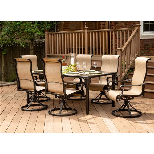 Hanover - Brigantine 7pc: 6 Sling Swivel Rockers, 40x70" Glass Dining Table - Cast/Tan-United Backyard