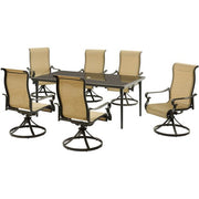 Hanover - Brigantine 7pc: 6 Sling Swivel Rockers, 40x70" Glass Dining Table - Cast/Tan-United Backyard