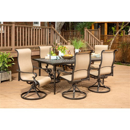 Hanover - Brigantine 7pc: 6 Sling Swivel Rockers, Expandable Cast Dining Table - Cast/Tan-United Backyard