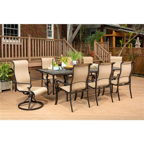 Hanover - Brigantine 9pc: 6 Sling Dining Chairs, 2 Sling Swivel Rockers, Expandable Cast Table - Cast/Tan-United Backyard